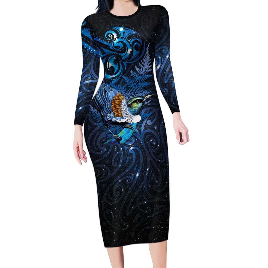 Aotearoa Matariki Long Sleeve Bodycon Dress Maori Tribal with Silver Fern and Tui Bird Galaxy Style LT03 Long Dress Navy - Polynesian Pride