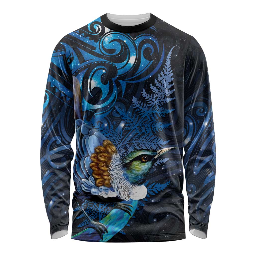 Aotearoa Matariki Long Sleeve Shirt Maori Tribal with Silver Fern and Tui Bird Galaxy Style LT03 Unisex Navy - Polynesian Pride