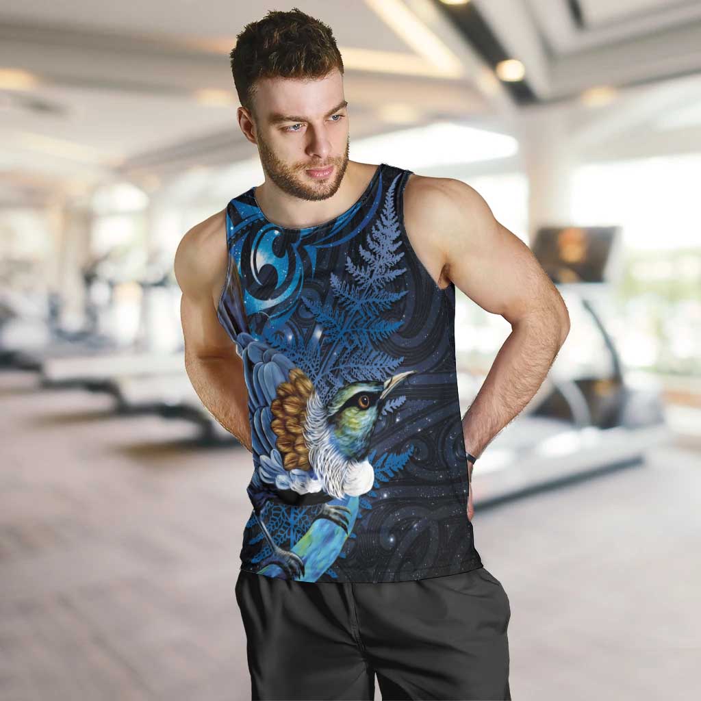 Aotearoa Matariki Men Tank Top Maori Tribal with Silver Fern and Tui Bird Galaxy Style LT03 Navy - Polynesian Pride