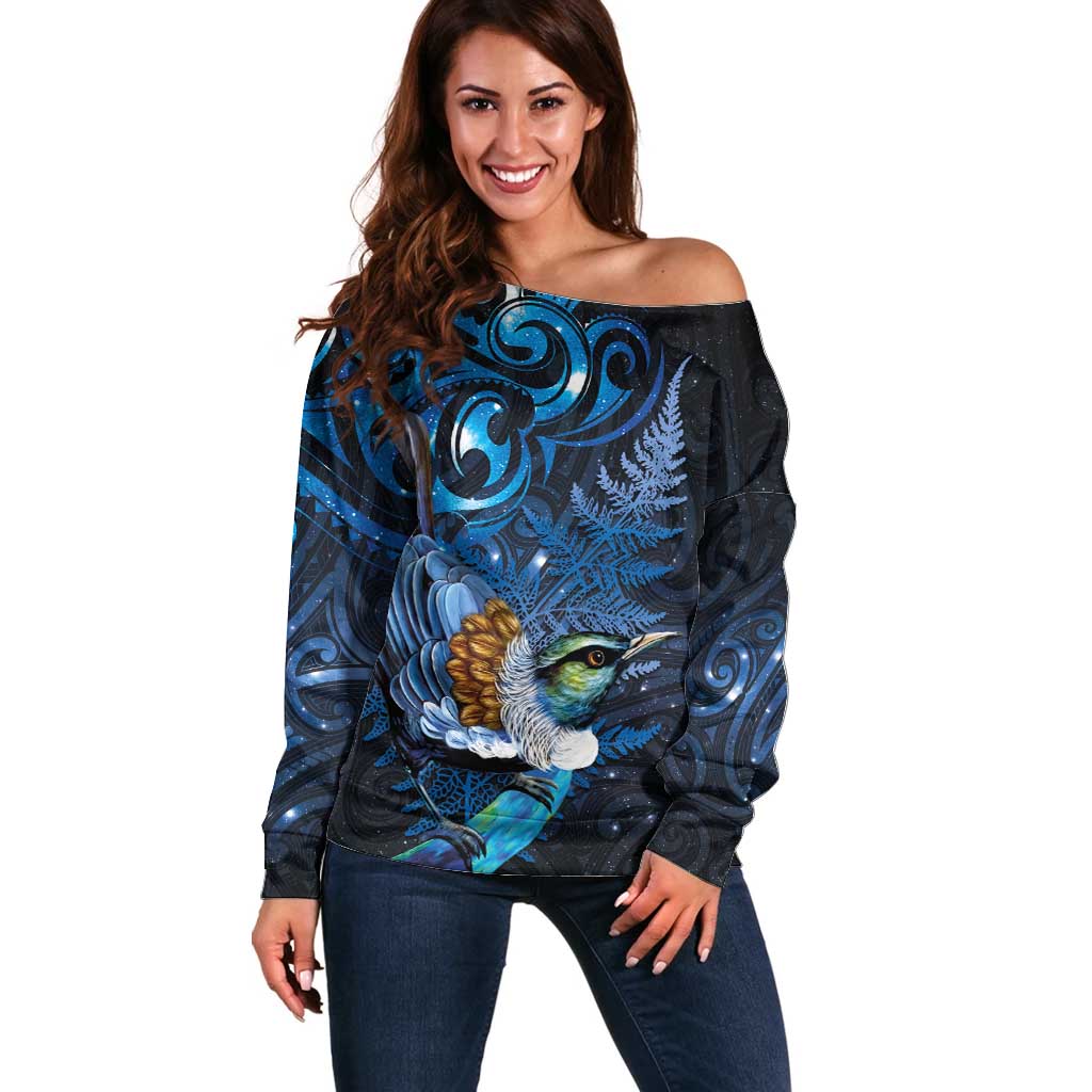 Aotearoa Matariki Off Shoulder Sweater Maori Tribal with Silver Fern and Tui Bird Galaxy Style LT03 Women Navy - Polynesian Pride