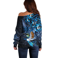 Aotearoa Matariki Off Shoulder Sweater Maori Tribal with Silver Fern and Tui Bird Galaxy Style LT03 - Polynesian Pride