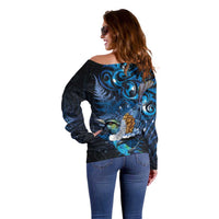 Aotearoa Matariki Off Shoulder Sweater Maori Tribal with Silver Fern and Tui Bird Galaxy Style LT03 - Polynesian Pride