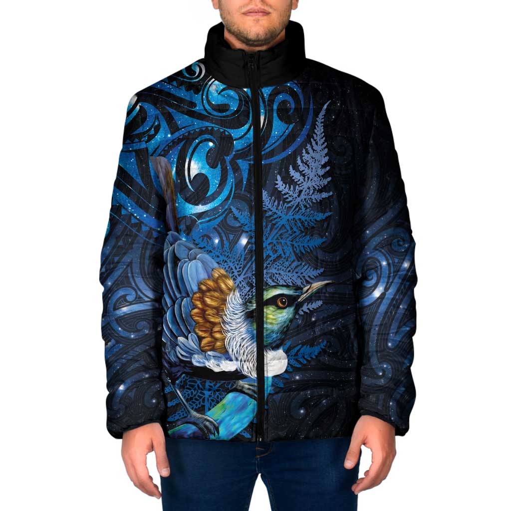 Aotearoa Matariki Padded Jacket Maori Tribal with Silver Fern and Tui Bird Galaxy Style LT03 Men Navy - Polynesian Pride