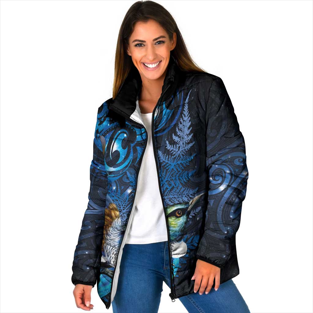 Aotearoa Matariki Padded Jacket Maori Tribal with Silver Fern and Tui Bird Galaxy Style LT03 Women Navy - Polynesian Pride