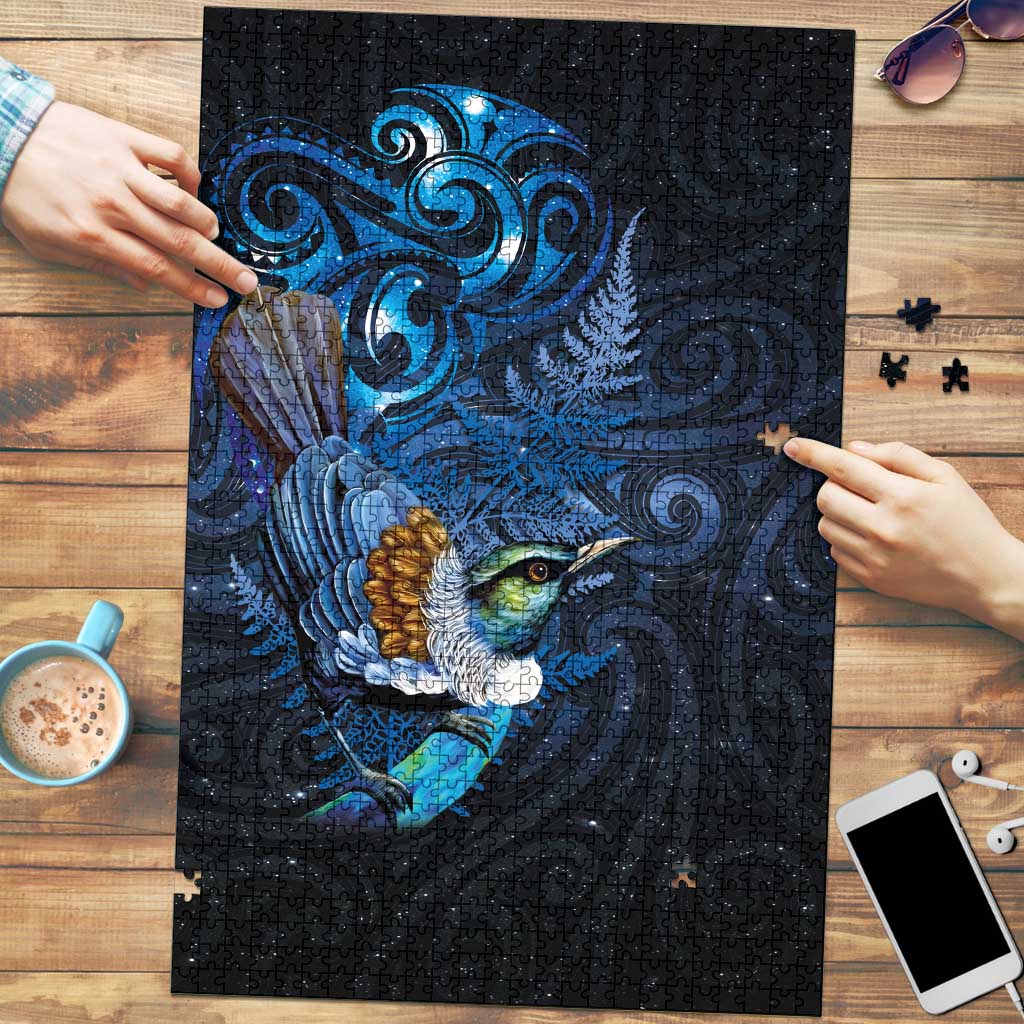 Aotearoa Matariki Puzzle Maori Tribal with Silver Fern and Tui Bird Galaxy Style LT03 Navy - Polynesian Pride