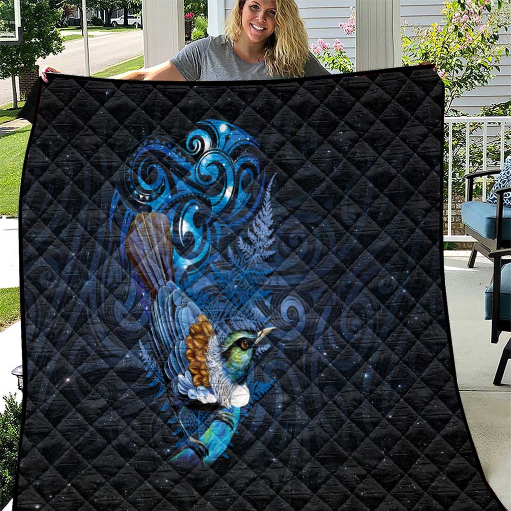 Aotearoa Matariki Quilt Maori Tribal with Silver Fern and Tui Bird Galaxy Style LT03 Navy - Polynesian Pride