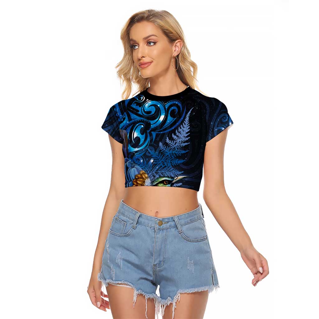 Aotearoa Matariki Raglan Cropped T Shirt Maori Tribal with Silver Fern and Tui Bird Galaxy Style LT03 Female Navy - Polynesian Pride