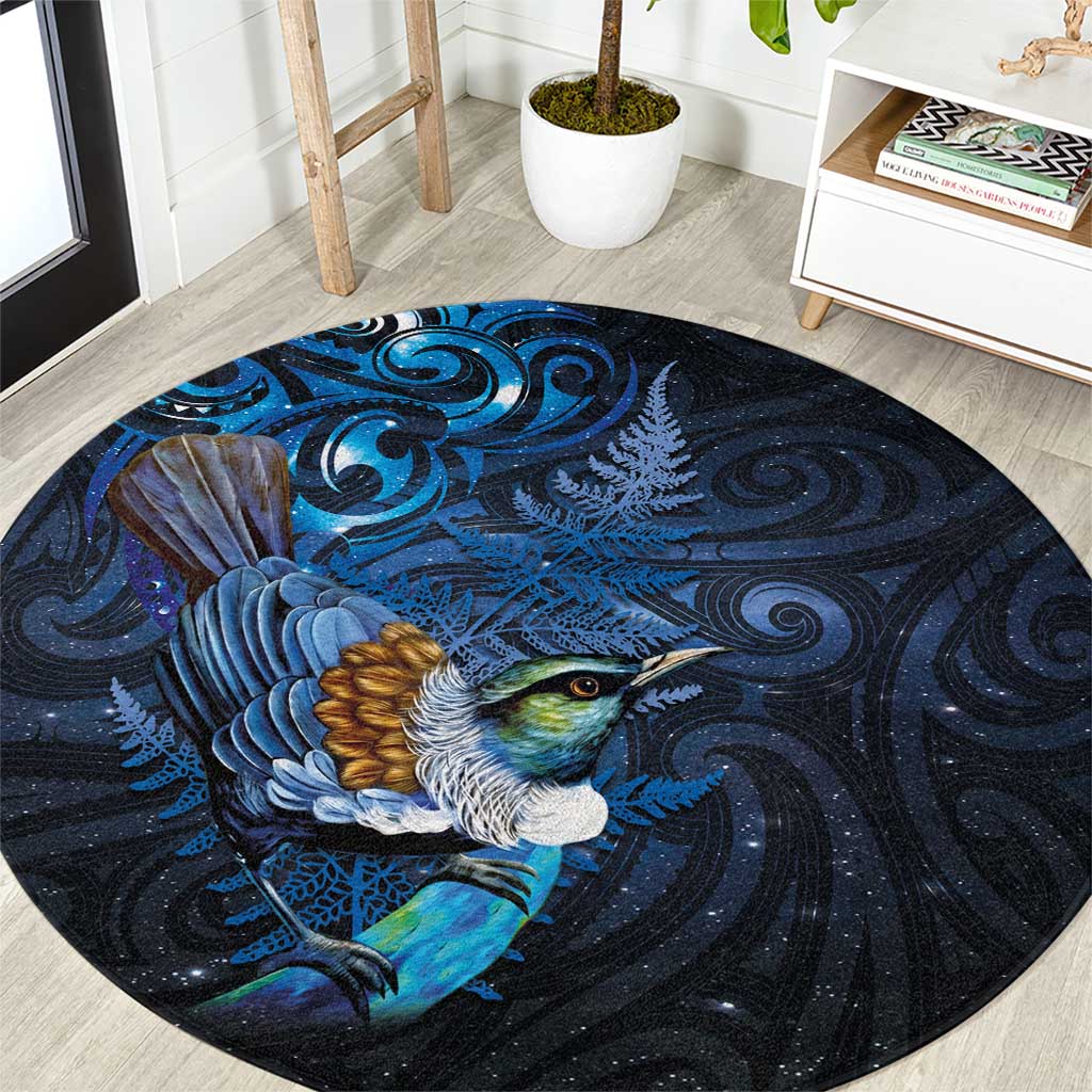 Aotearoa Matariki Round Carpet Maori Tribal with Silver Fern and Tui Bird Galaxy Style LT03 Navy - Polynesian Pride