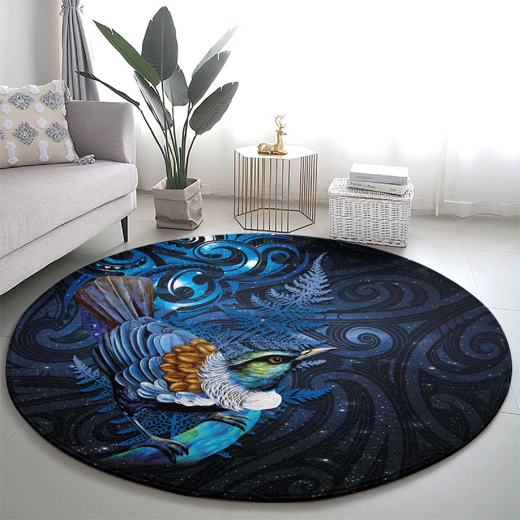 Aotearoa Matariki Round Carpet Maori Tribal with Silver Fern and Tui Bird Galaxy Style LT03 - Polynesian Pride