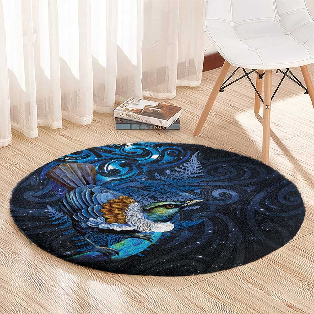 Aotearoa Matariki Round Carpet Maori Tribal with Silver Fern and Tui Bird Galaxy Style LT03 - Polynesian Pride