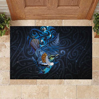 Aotearoa Matariki Rubber Doormat Maori Tribal with Silver Fern and Tui Bird Galaxy Style LT03 Navy - Polynesian Pride