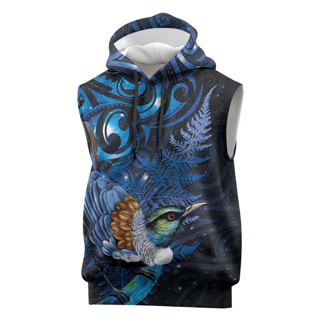 Aotearoa Matariki Sleeveless Hoodie Maori Tribal with Silver Fern and Tui Bird Galaxy Style LT03 Navy - Polynesian Pride