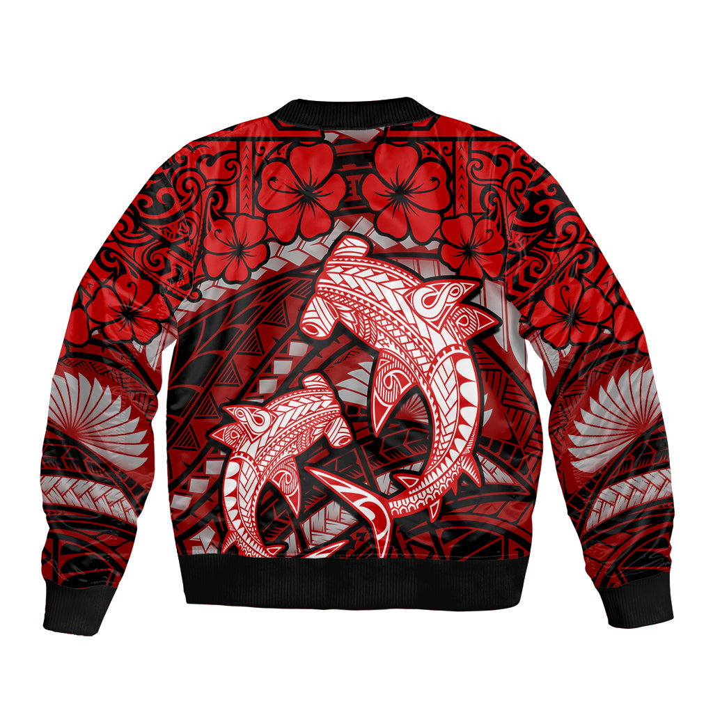 Polynesian Shark Valentine Day Bomber Jacket Hibiscus and Tribal Tattoo Red Style LT03 - Polynesian Pride