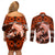 Polynesian Shark Valentine Day Couples Matching Off Shoulder Short Dress and Long Sleeve Button Shirt Hibiscus and Tribal Tattoo Orange Style LT03 - Polynesian Pride