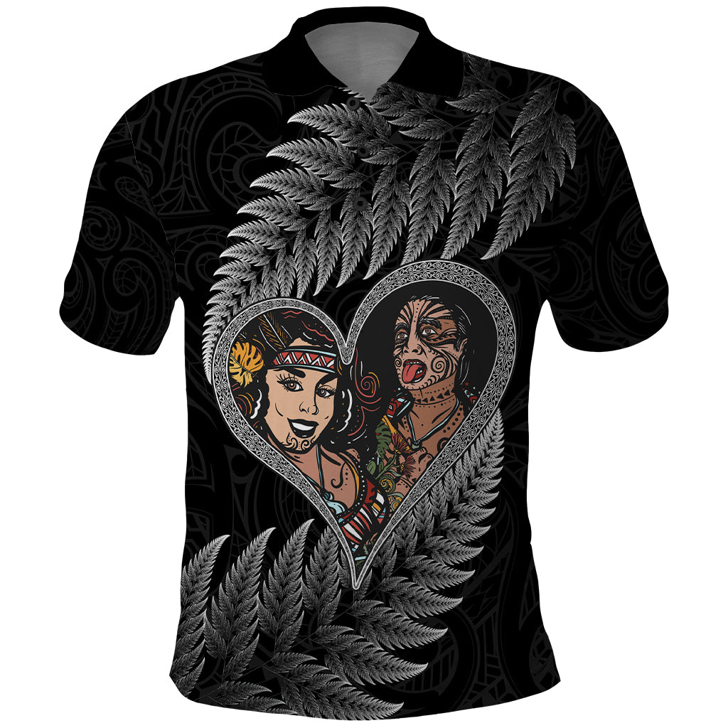 New Zealand Valentine Day Polo Shirt Aotearoa Warrior and Woman Love Heart Maori Pattern LT03 Black - Polynesian Pride