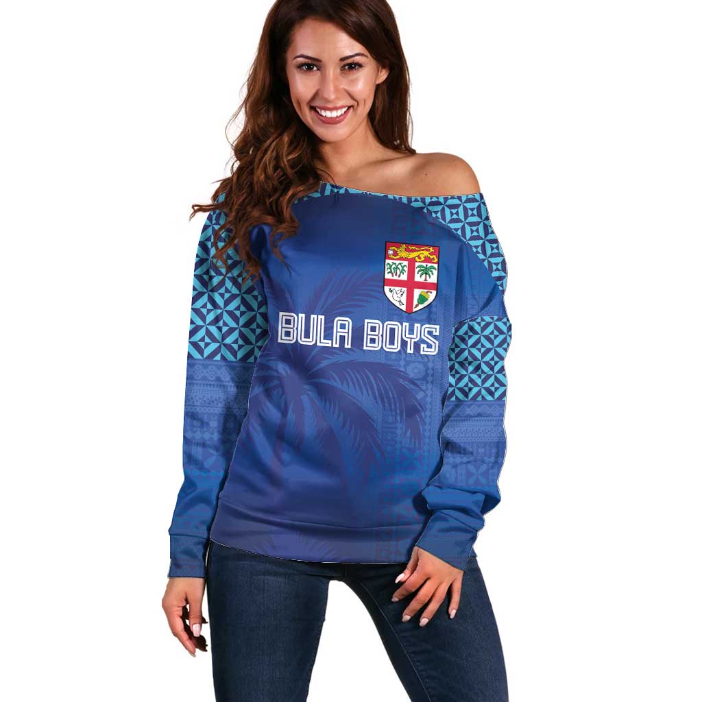 Custom Fiji Football-Towards World Cup 2026 Off Shoulder Sweater LT03 Women Blue - Polynesian Pride