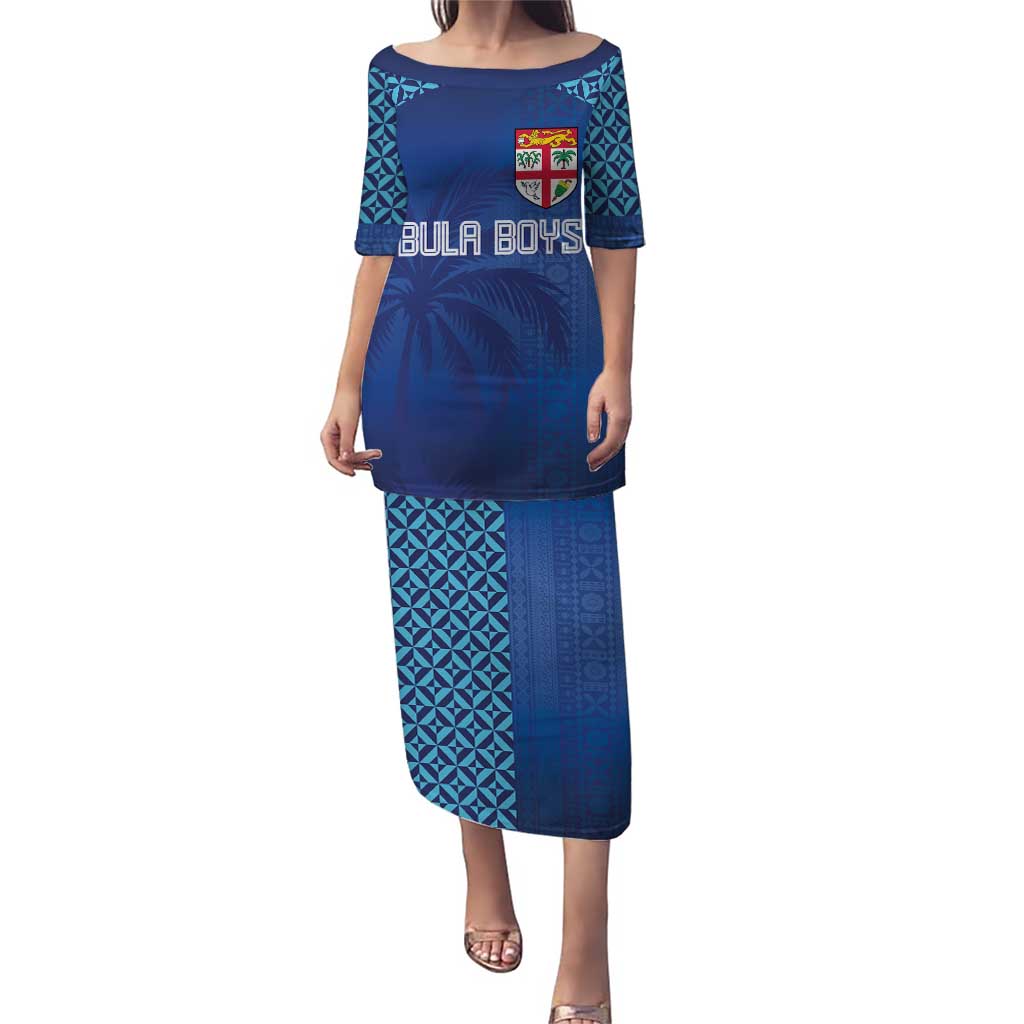 Custom Fiji Football-Towards World Cup 2026 Puletasi LT03 Long Dress Blue - Polynesian Pride