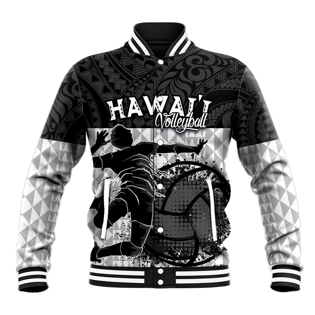 Custom Hawaii Volleyball-Kakau Motif Grayscale Color Baseball Jacket LT03 Unisex Black - Polynesian Pride