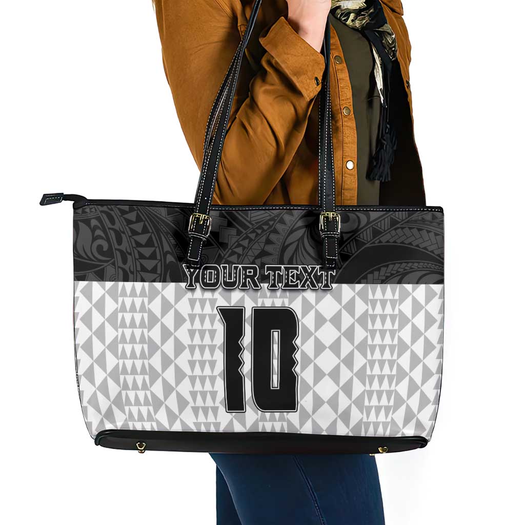 Custom Hawaii Volleyball-Kakau Motif Grayscale Color Leather Tote Bag LT03 - Polynesian Pride