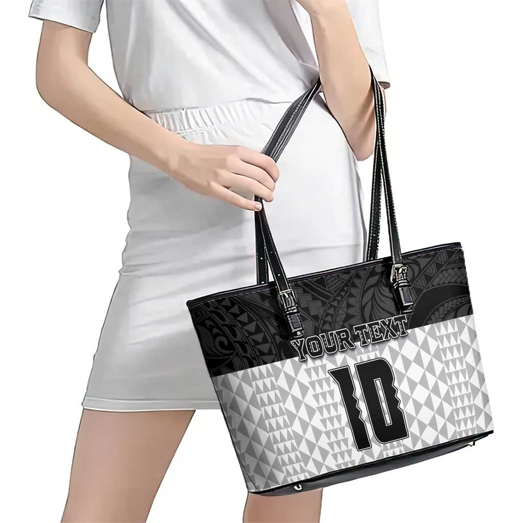 Custom Hawaii Volleyball-Kakau Motif Grayscale Color Leather Tote Bag LT03 - Polynesian Pride