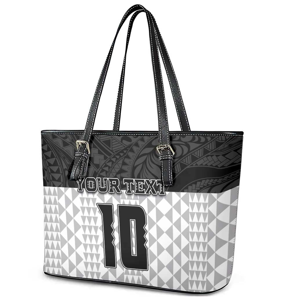 Custom Hawaii Volleyball-Kakau Motif Grayscale Color Leather Tote Bag LT03 - Polynesian Pride