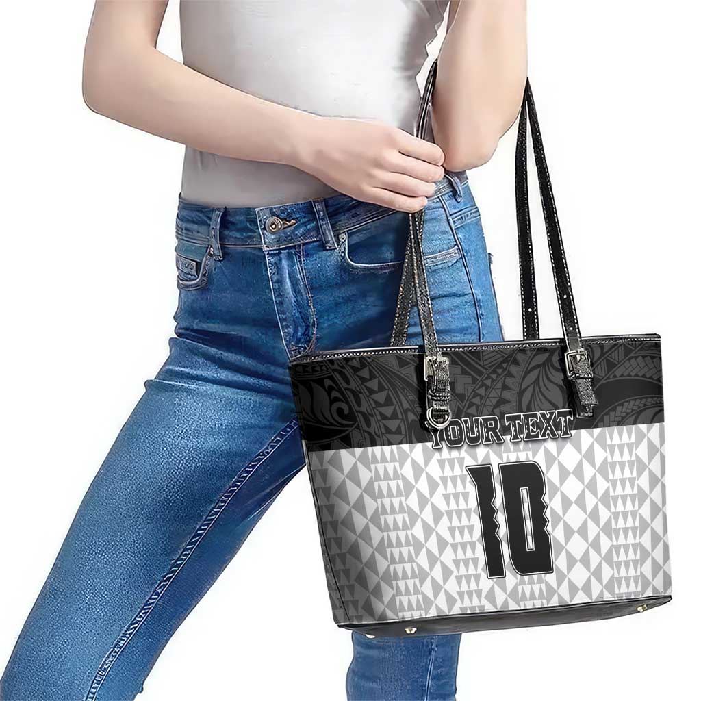 Custom Hawaii Volleyball-Kakau Motif Grayscale Color Leather Tote Bag LT03 - Polynesian Pride