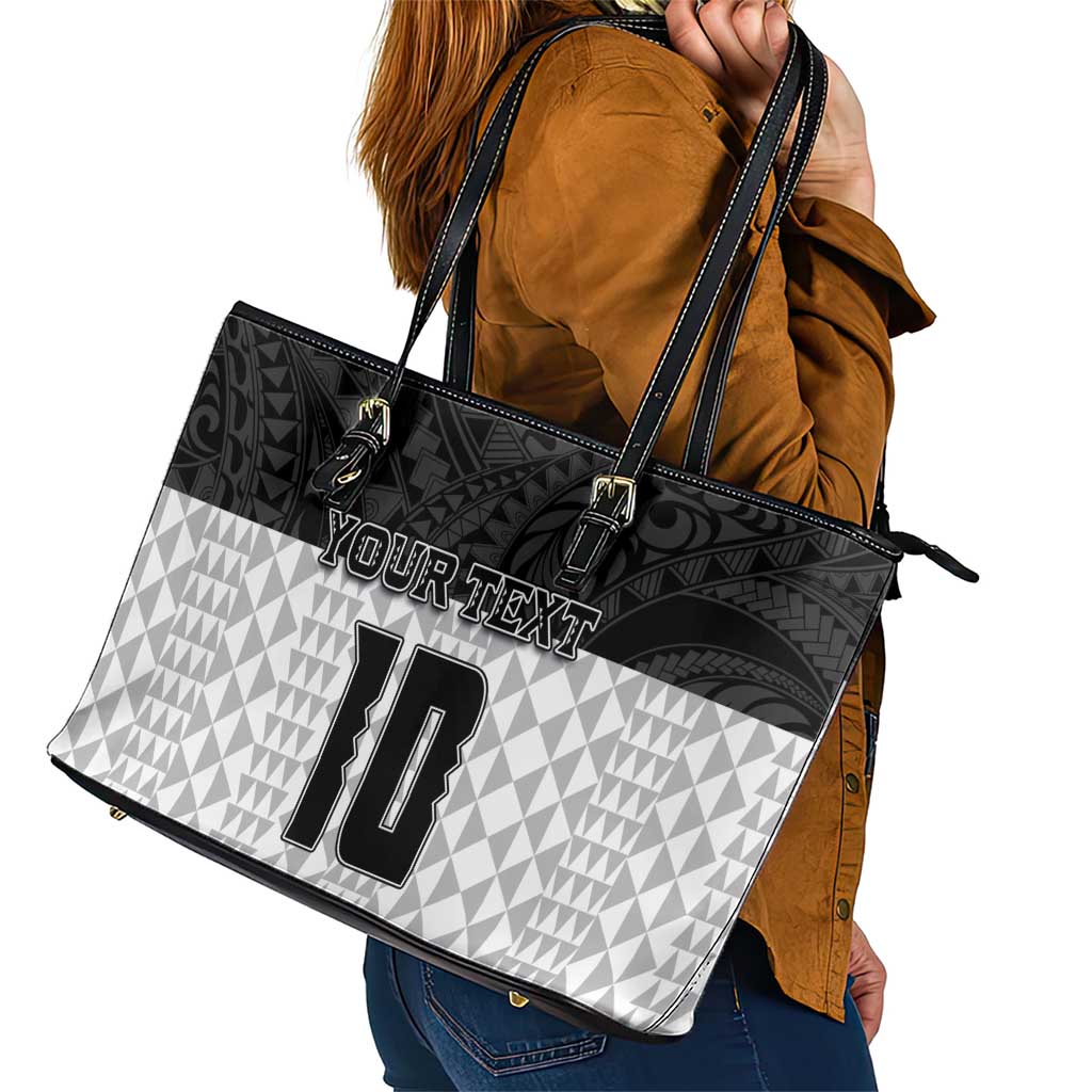 Custom Hawaii Volleyball-Kakau Motif Grayscale Color Leather Tote Bag LT03 - Polynesian Pride