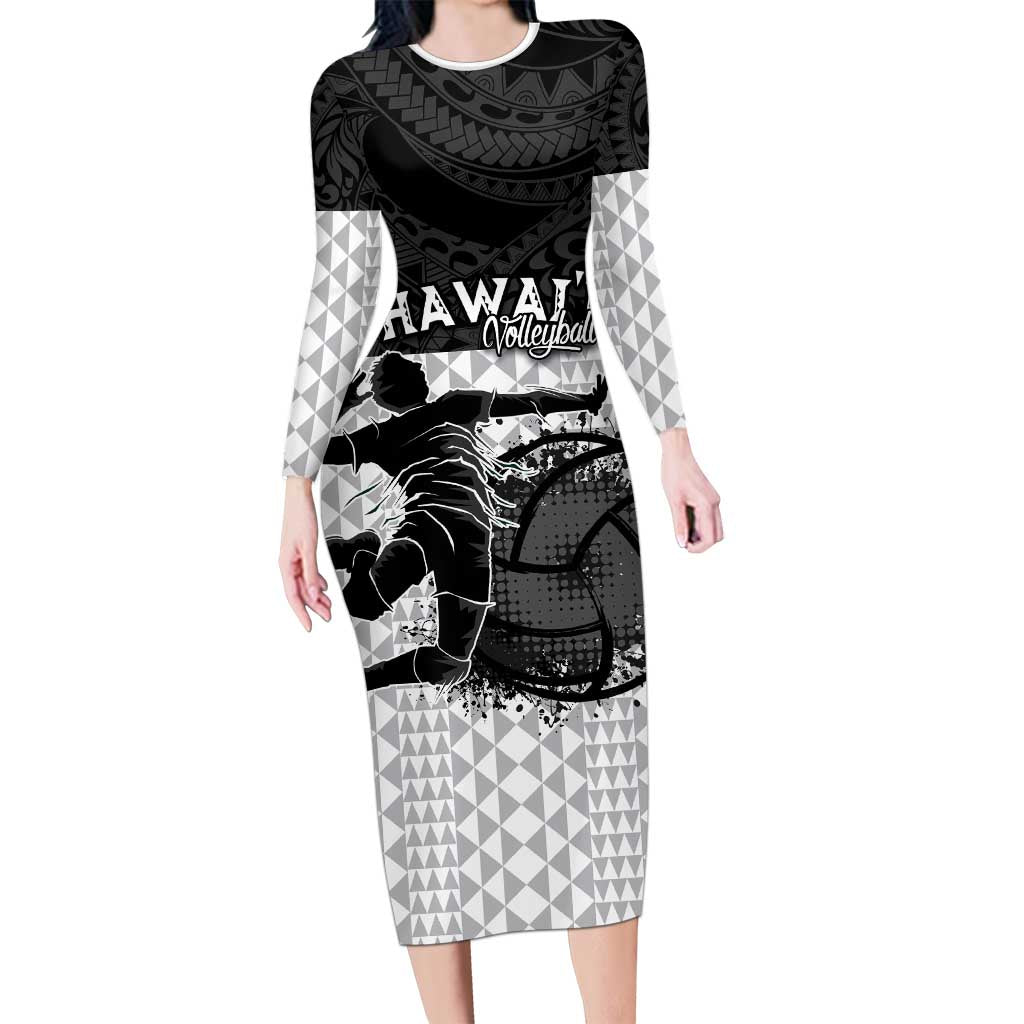 Custom Hawaii Volleyball-Kakau Motif Grayscale Color Long Sleeve Bodycon Dress LT03 Long Dress Black - Polynesian Pride
