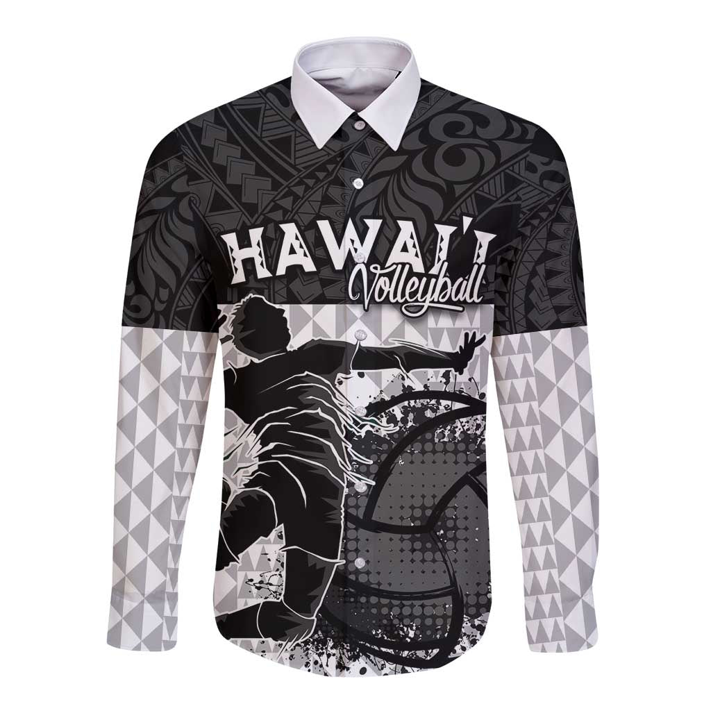 Custom Hawaii Volleyball-Kakau Motif Grayscale Color Long Sleeve Button Shirt LT03 Unisex Black - Polynesian Pride
