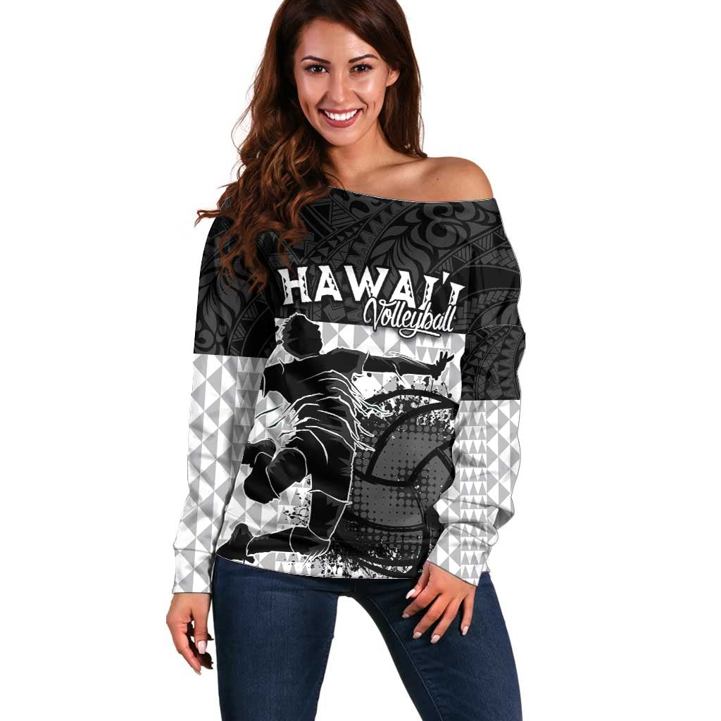 Custom Hawaii Volleyball-Kakau Motif Grayscale Color Off Shoulder Sweater LT03 Women Black - Polynesian Pride
