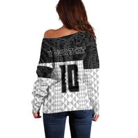 Custom Hawaii Volleyball-Kakau Motif Grayscale Color Off Shoulder Sweater LT03 - Polynesian Pride