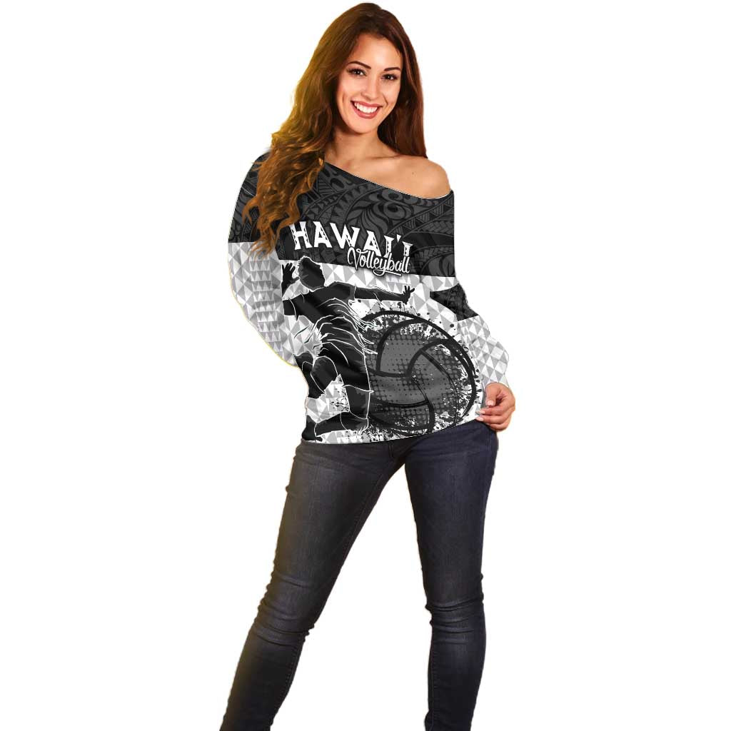 Custom Hawaii Volleyball-Kakau Motif Grayscale Color Off Shoulder Sweater LT03 - Polynesian Pride