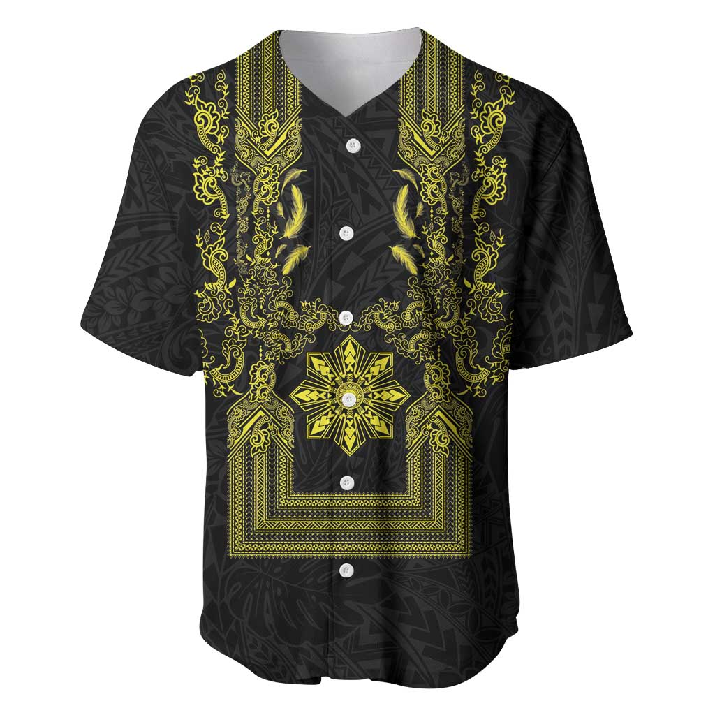 Philippines Barong Style Baseball Jersey with Polynesian Art and Leaf Motif Black-Gold Color LT03 Black - Polynesian Pride