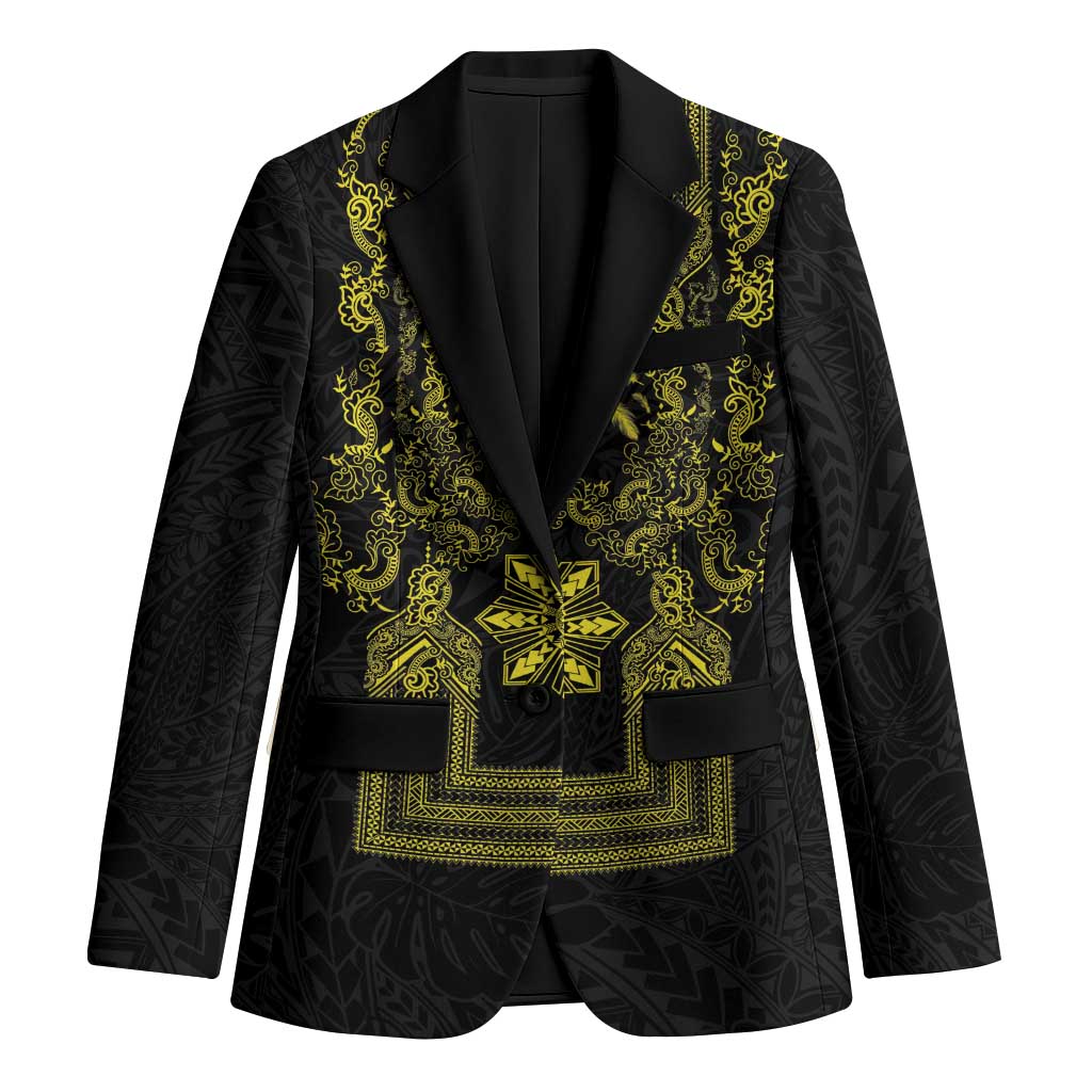 Philippines Barong Style Blazer with Polynesian Art and Leaf Motif Black-Gold Color LT03 Unisex Black - Polynesian Pride