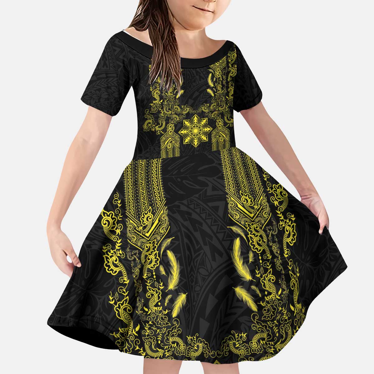 Philippines Barong Style Kid Short Sleeve Dress with Polynesian Art and Leaf Motif Black-Gold Color LT03 KID Black - Polynesian Pride