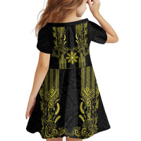 Philippines Barong Style Kid Short Sleeve Dress with Polynesian Art and Leaf Motif Black-Gold Color LT03 - Polynesian Pride