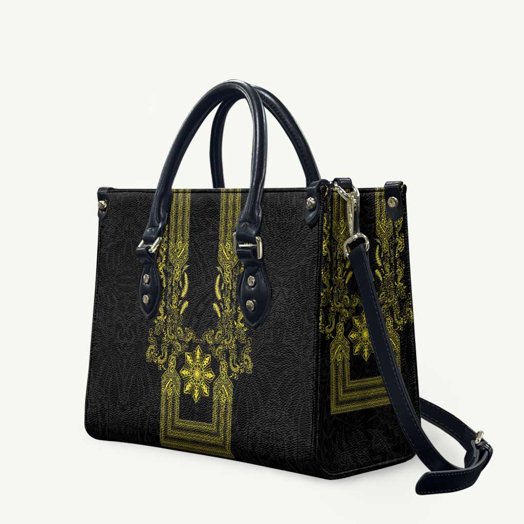Philippines Barong Style Leather Bag with Polynesian Art and Leaf Motif Black-Gold Color LT03 Black - Polynesian Pride