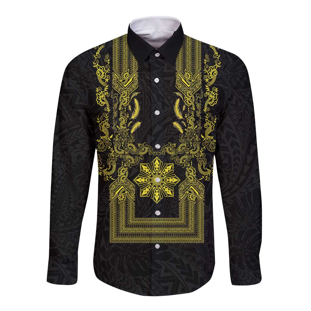 Philippines Barong Style Long Sleeve Button Shirt with Polynesian Art and Leaf Motif Black-Gold Color LT03 Unisex Black - Polynesian Pride