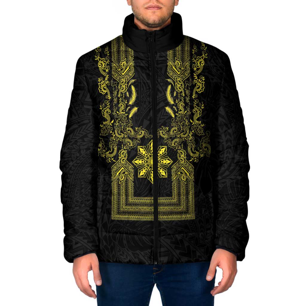 Philippines Barong Style Padded Jacket with Polynesian Art and Leaf Motif Black-Gold Color LT03 Men Black - Polynesian Pride