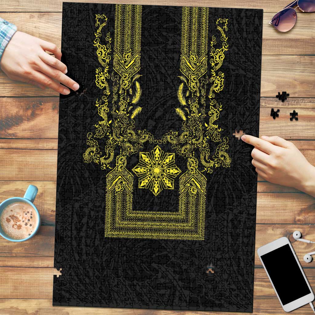 Philippines Barong Style Puzzle with Polynesian Art and Leaf Motif Black-Gold Color LT03 Black - Polynesian Pride