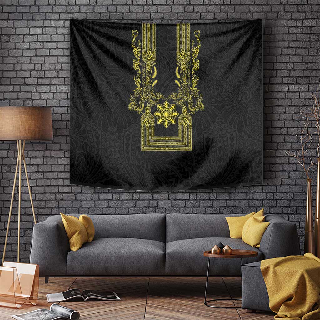 Philippines Barong Style Tapestry with Polynesian Art and Leaf Motif Black-Gold Color LT03 Black - Polynesian Pride