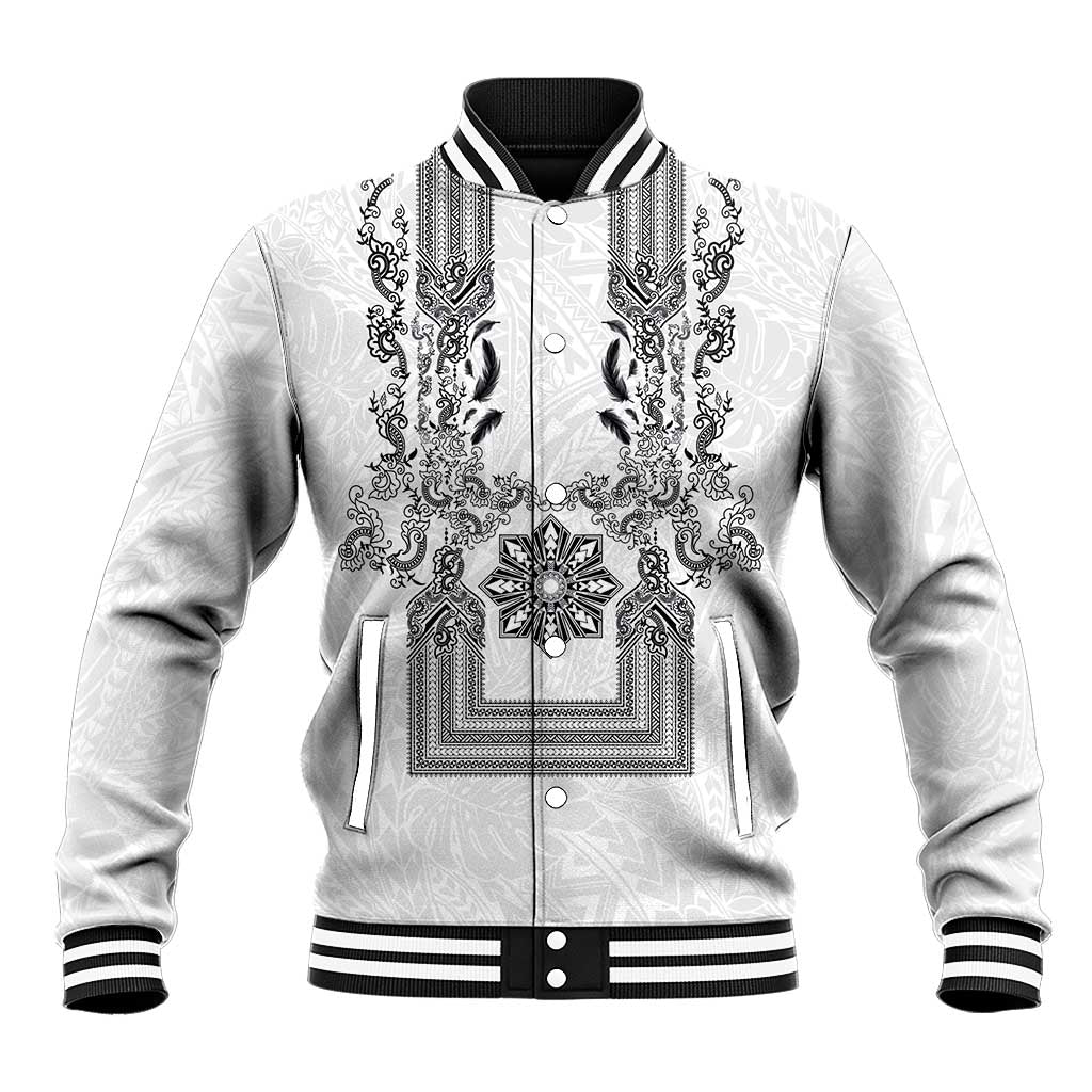 Philippines Barong Style Baseball Jacket with Polynesian Art and Leaf Motif Black-White Color LT03 Unisex White - Polynesian Pride