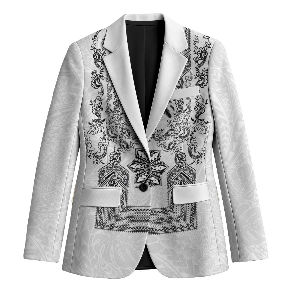 Philippines Barong Style Blazer with Polynesian Art and Leaf Motif Black-White Color LT03 Unisex White - Polynesian Pride