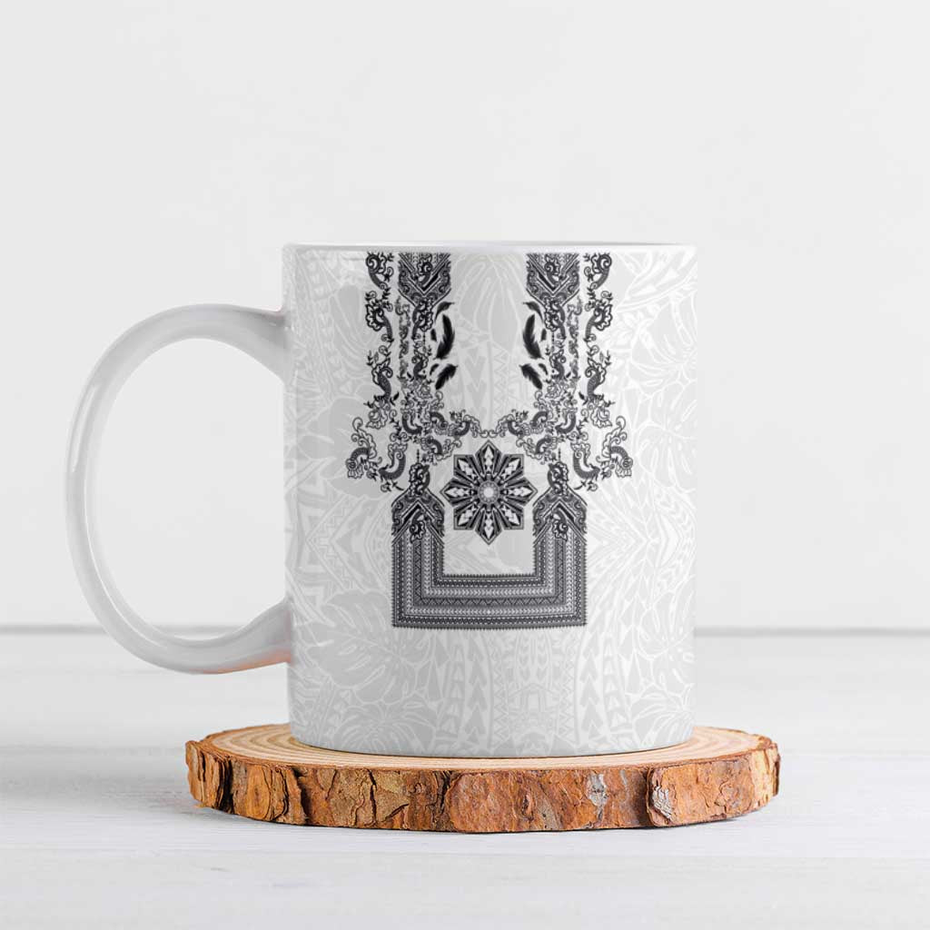Philippines Barong Style Ceramic Mug with Polynesian Art and Leaf Motif Black-White Color LT03 White - Polynesian Pride