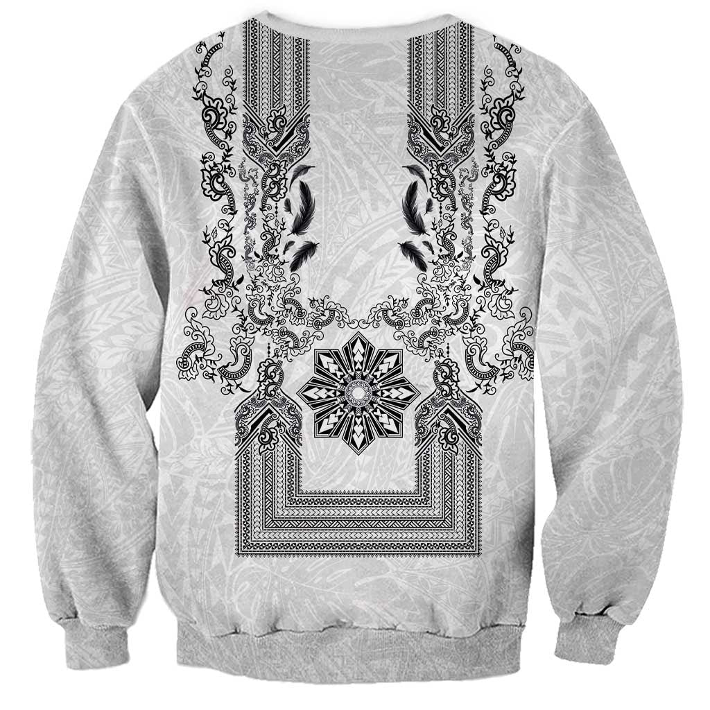 Philippines Barong Style Sweatshirt with Polynesian Art and Leaf Motif Black-White Color LT03 - Polynesian Pride