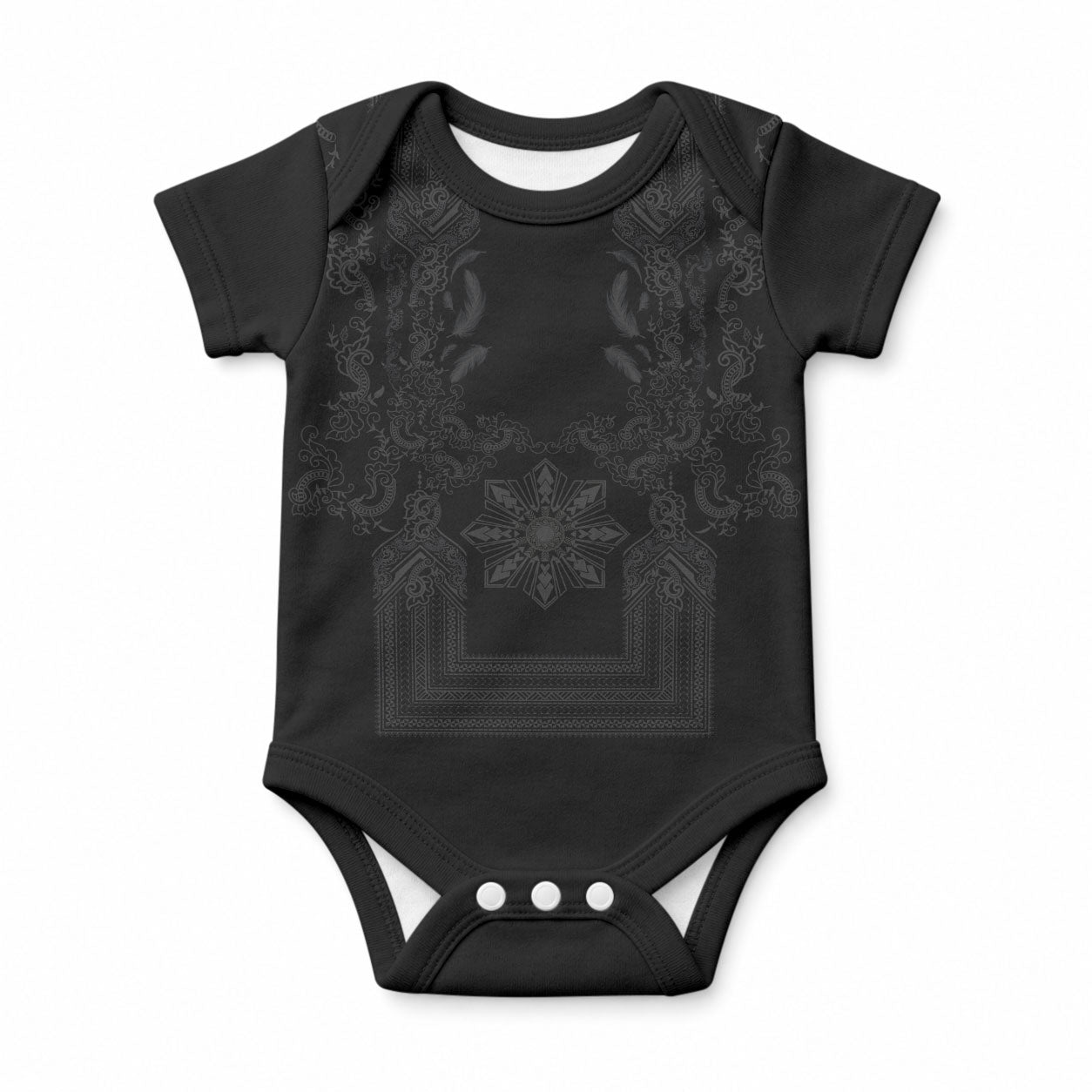 Philippines Barong Style Baby Onesie with Polynesian Art and Leaf Motif Black Color