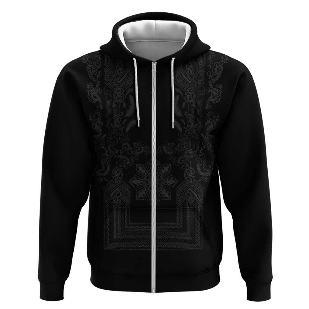 Philippines Barong Style Hoodie with Polynesian Art and Leaf Motif Black Color LT03 Zip Hoodie Black - Polynesian Pride