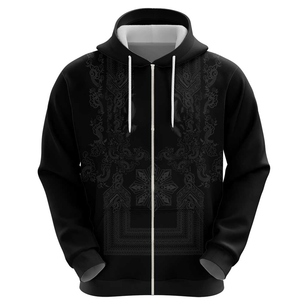 Philippines Barong Style Hoodie with Polynesian Art and Leaf Motif Black Color LT03 - Polynesian Pride