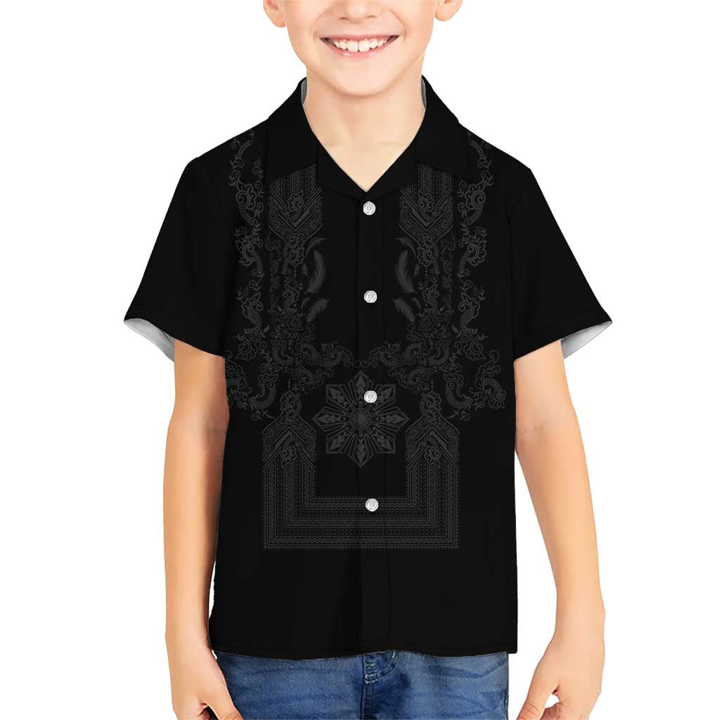 Philippines Barong Style Kid Hawaiian Shirt with Polynesian Art and Leaf Motif Black Color LT03 Kid Black - Polynesian Pride