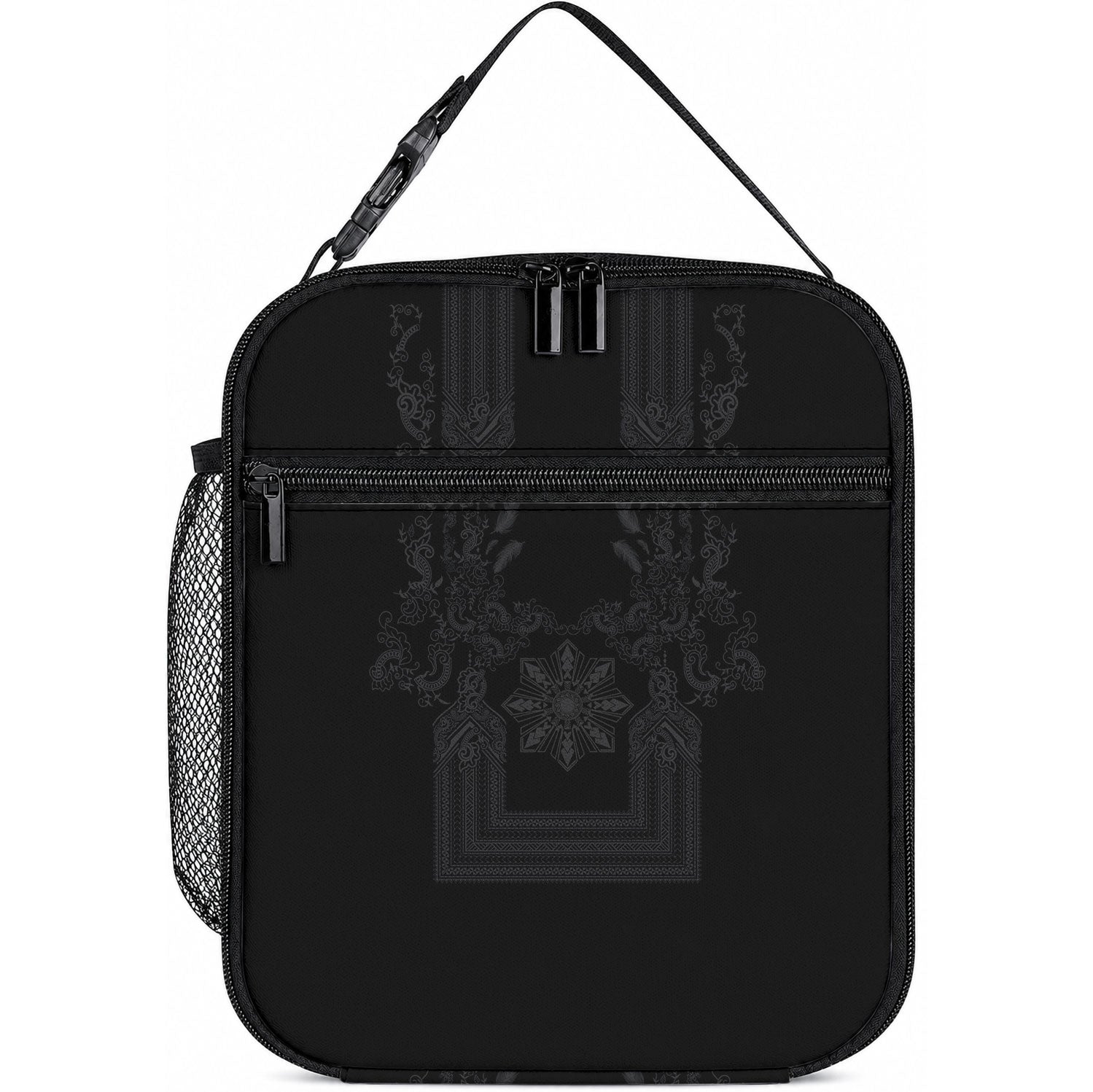 Philippines Barong Style Lunch Bag with Polynesian Art and Leaf Motif Black Color